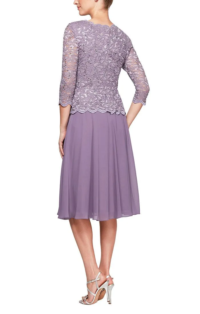 Petite Tea-Length Dress with Sequin Lace Bodice & Chiffon Skirt