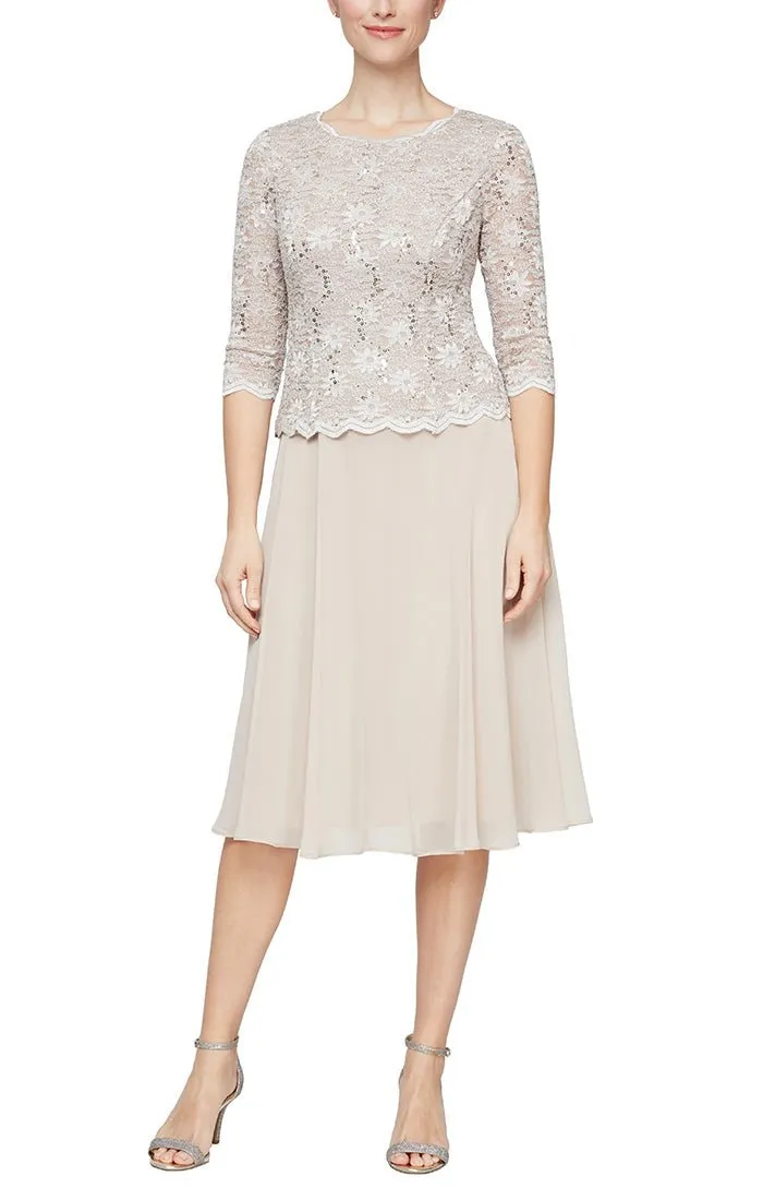 Petite Tea-Length Dress with Sequin Lace Bodice & Chiffon Skirt