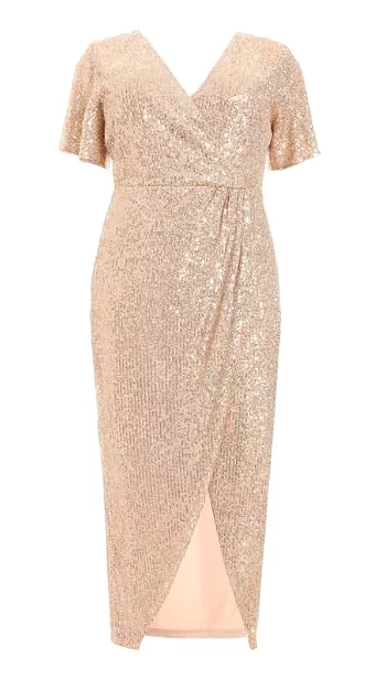 Pink Sequin Wrap Midi Dress