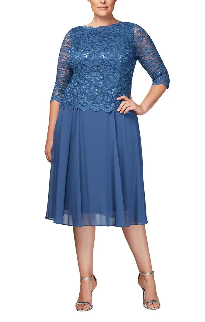 Plus Tea-Length Dress with Sequin Lace Bodice & Chiffon Skirt