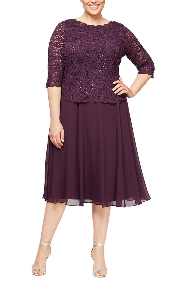 Plus Tea-Length Dress with Sequin Lace Bodice & Chiffon Skirt