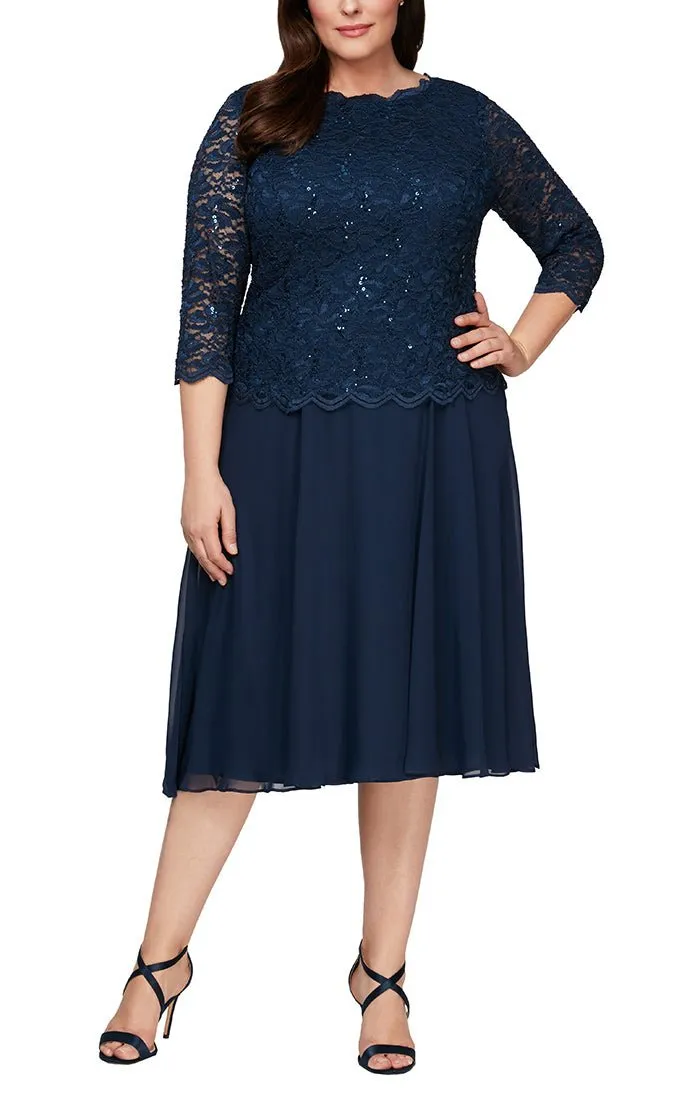 Plus Tea-Length Dress with Sequin Lace Bodice & Chiffon Skirt