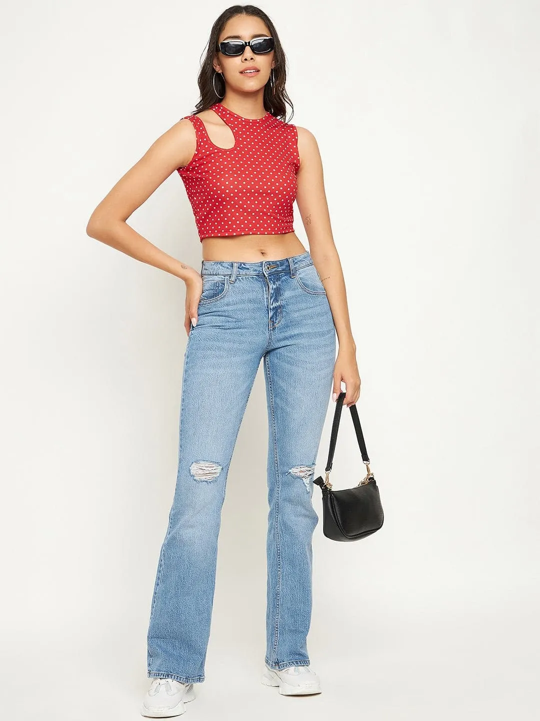 Printed Cotton Stretchable Shoulder Cutout Crop Top