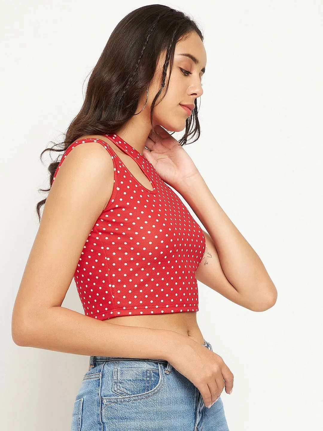 Printed Cotton Stretchable Shoulder Cutout Crop Top