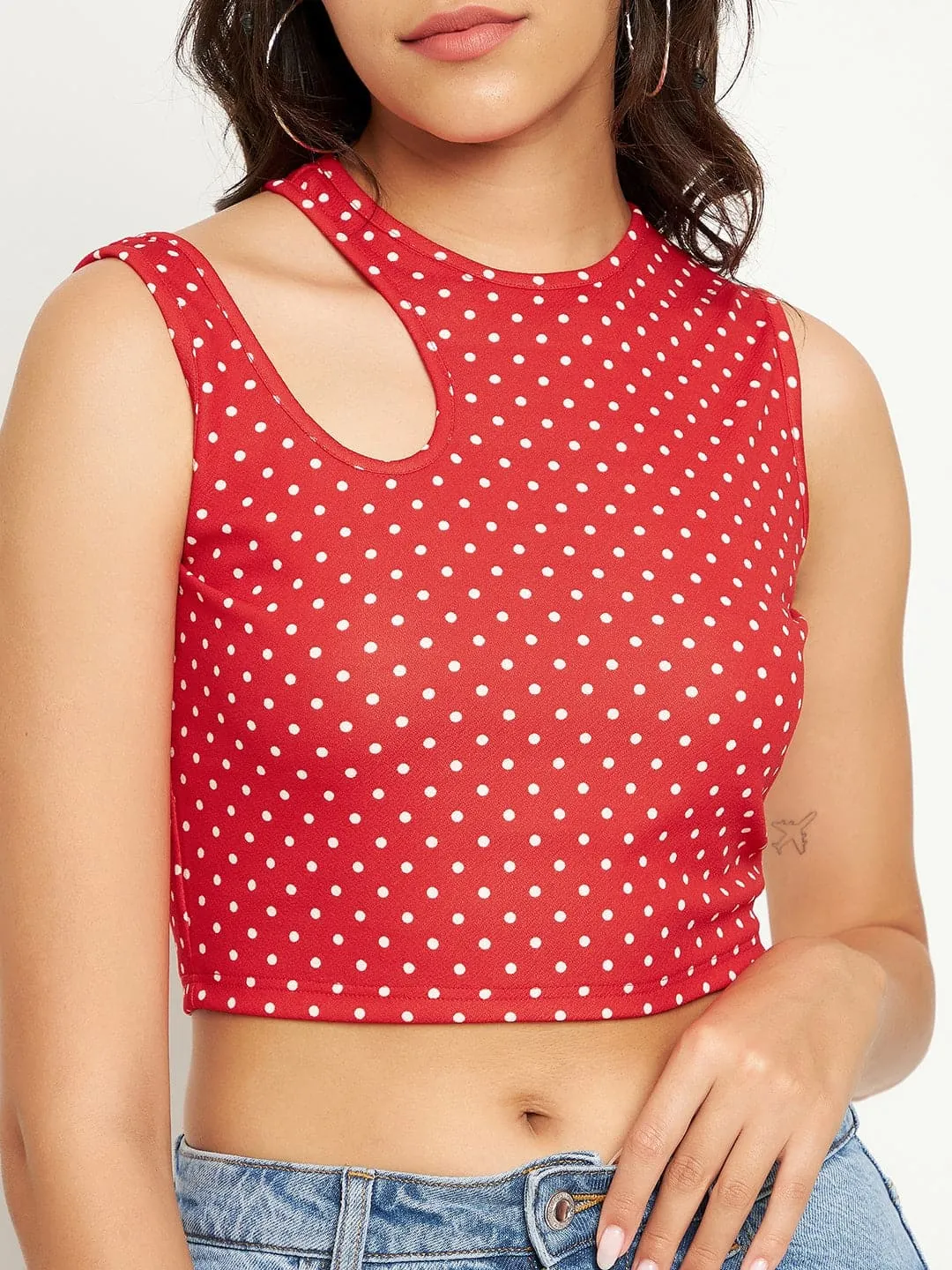 Printed Cotton Stretchable Shoulder Cutout Crop Top