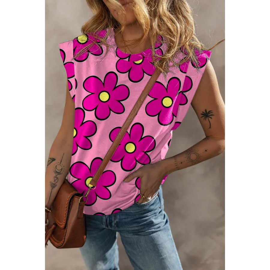 Printed Round Neck Cap Sleeve T-Shirt