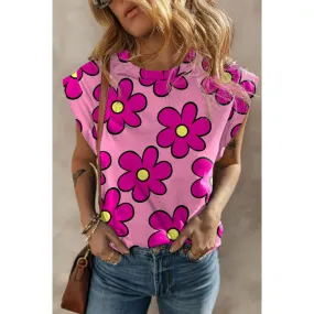 Printed Round Neck Cap Sleeve T-Shirt