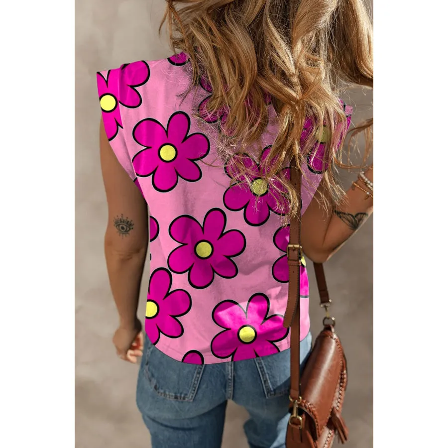 Printed Round Neck Cap Sleeve T-Shirt