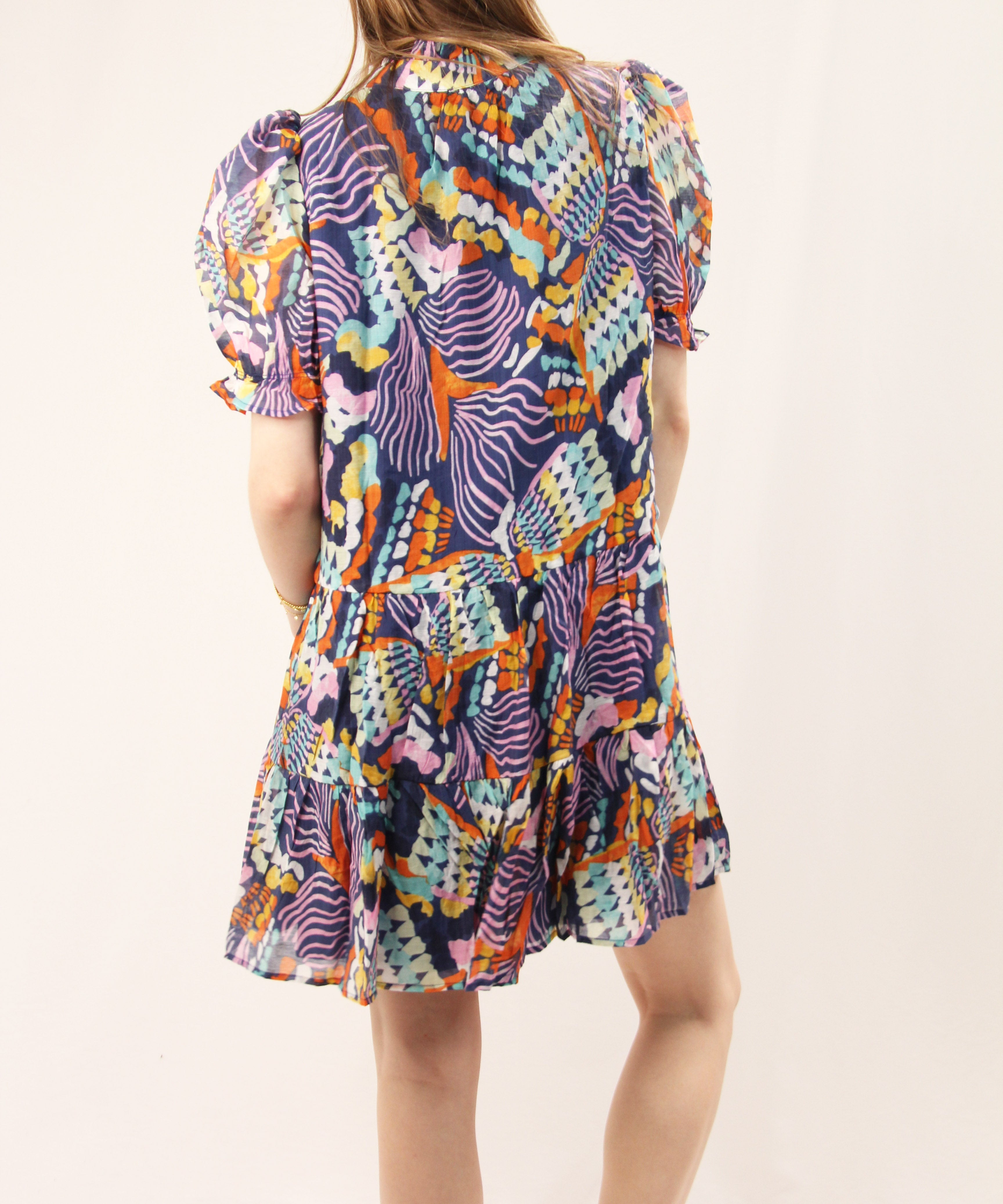 Printed Short Sleeve Dress - Blue