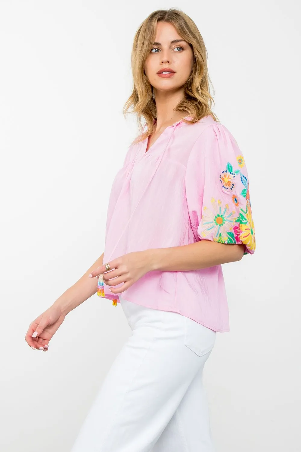 Puff Sleeve Embroidered Tassel Tie Top