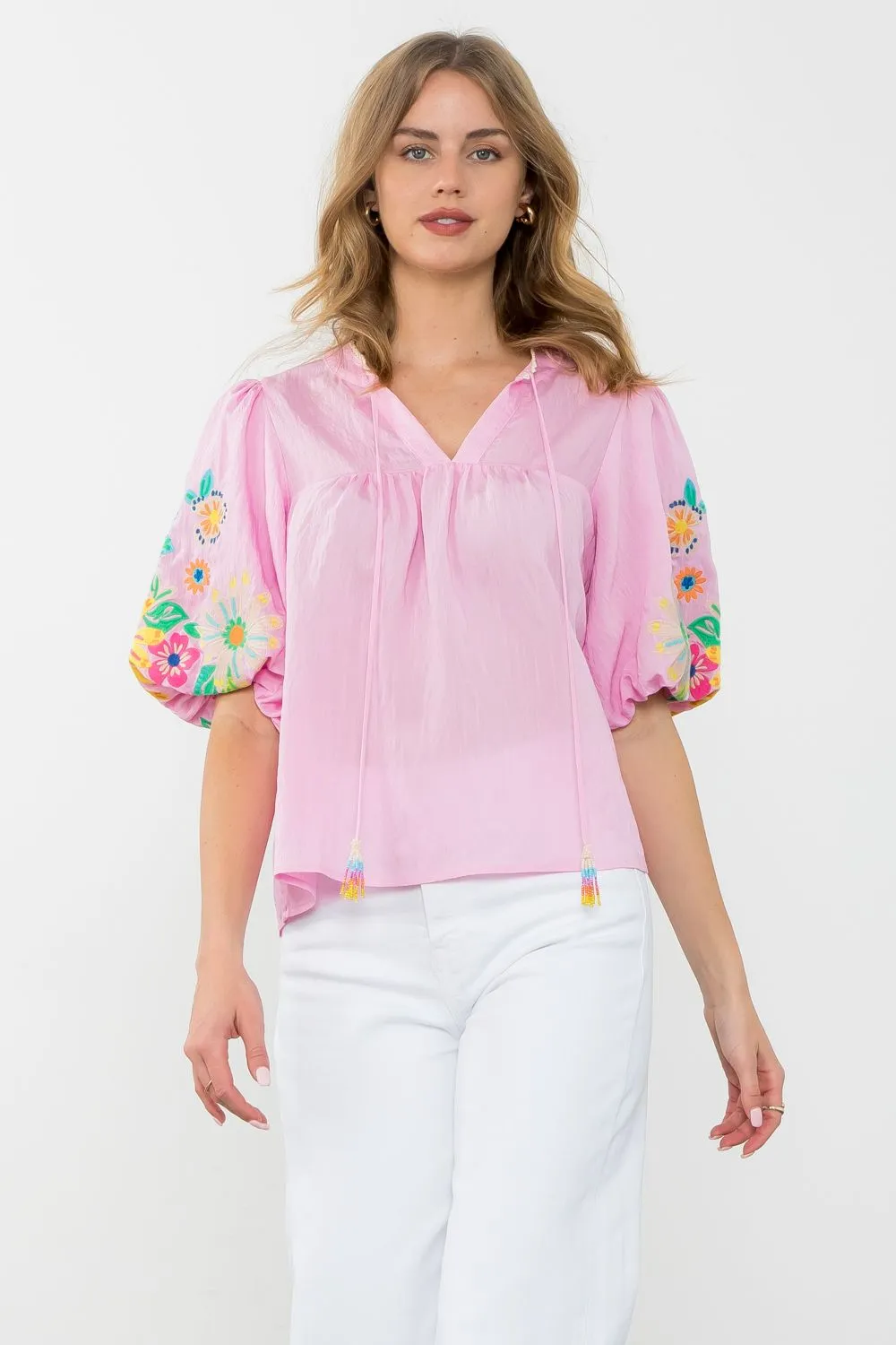 Puff Sleeve Embroidered Tassel Tie Top