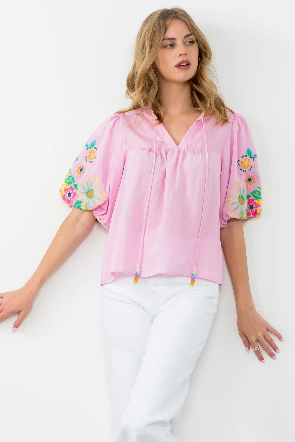 Puff Sleeve Embroidered Tassel Tie Top