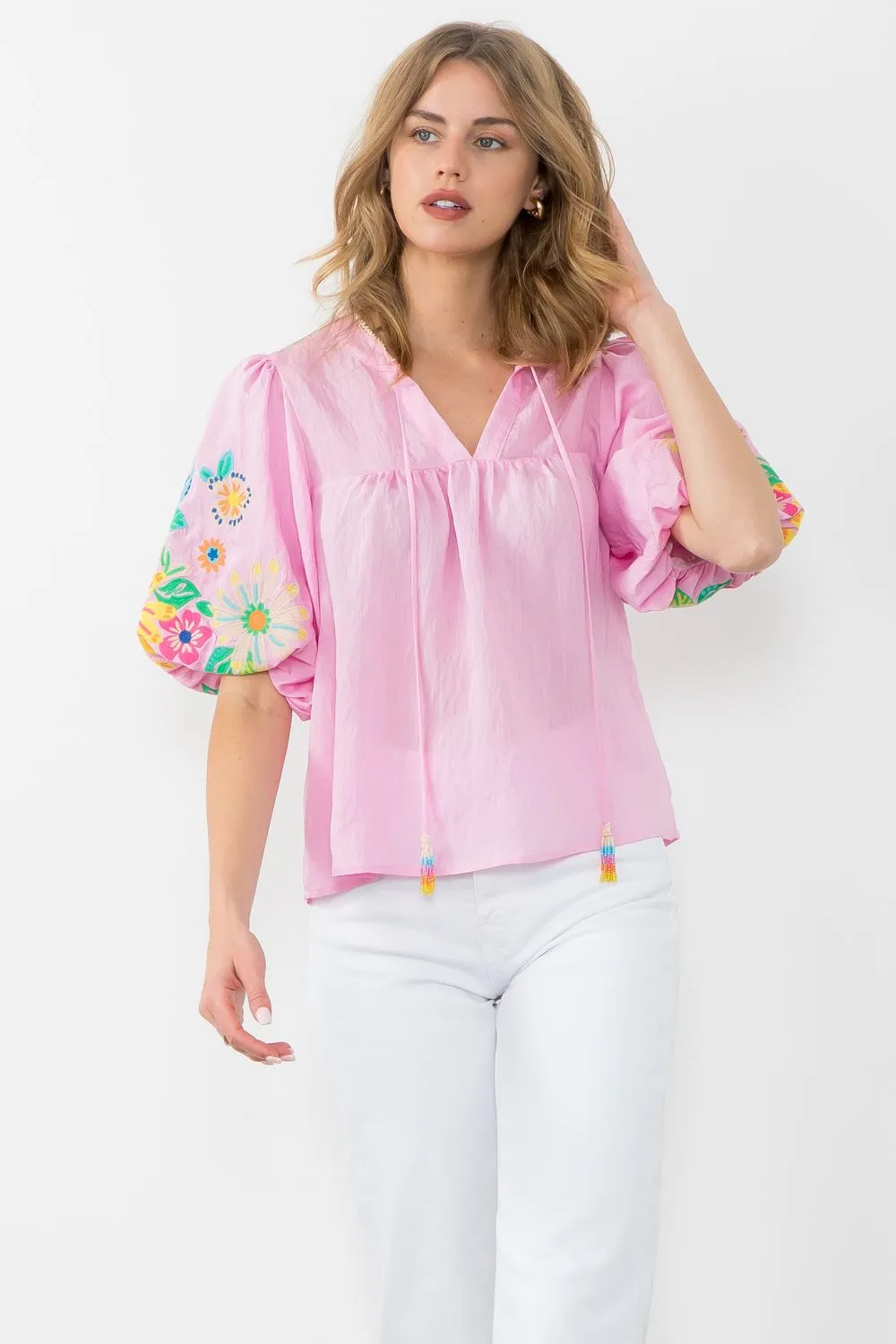 Puff Sleeve Embroidered Tassel Tie Top