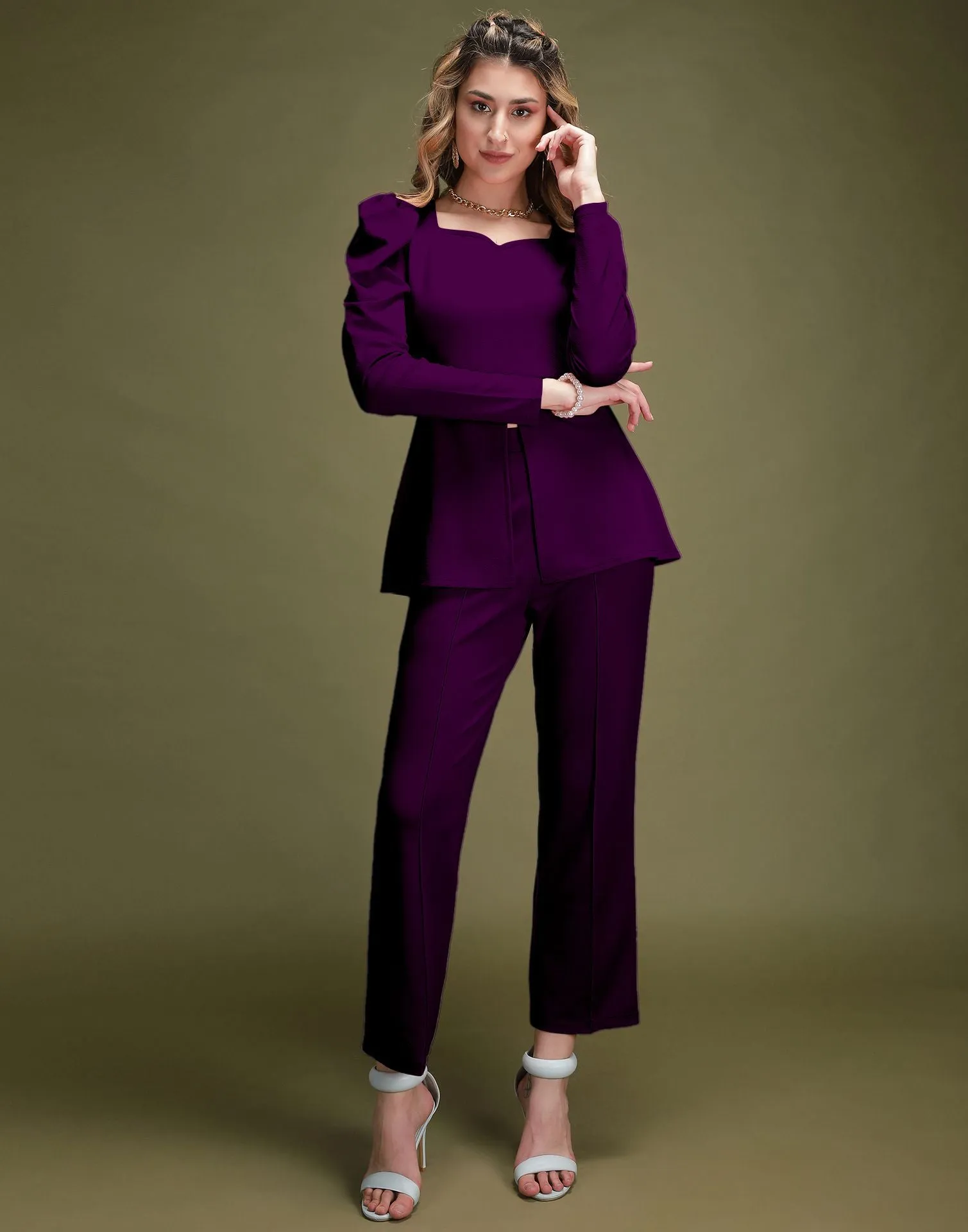 Purple Puff Sleeve Solid Co-Ords Set