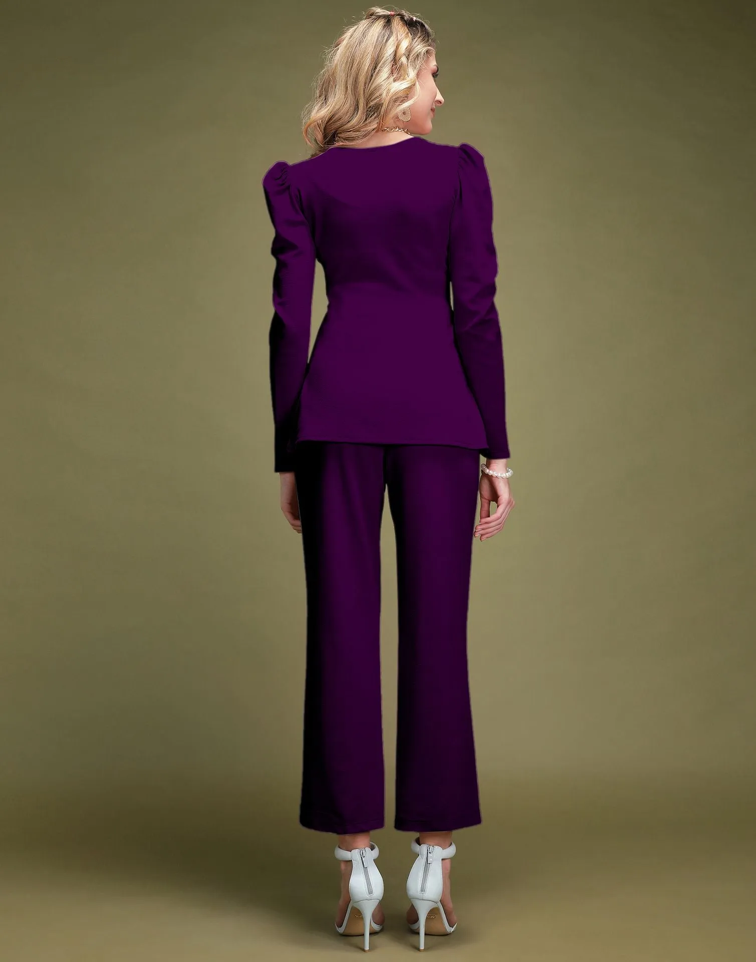 Purple Puff Sleeve Solid Co-Ords Set