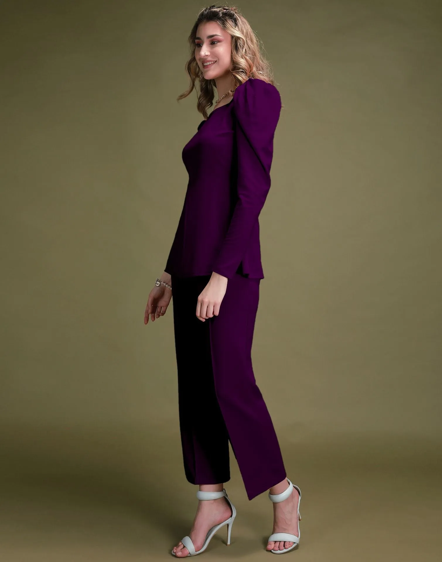 Purple Puff Sleeve Solid Co-Ords Set