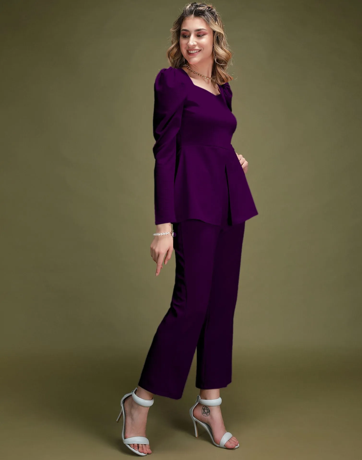 Purple Puff Sleeve Solid Co-Ords Set