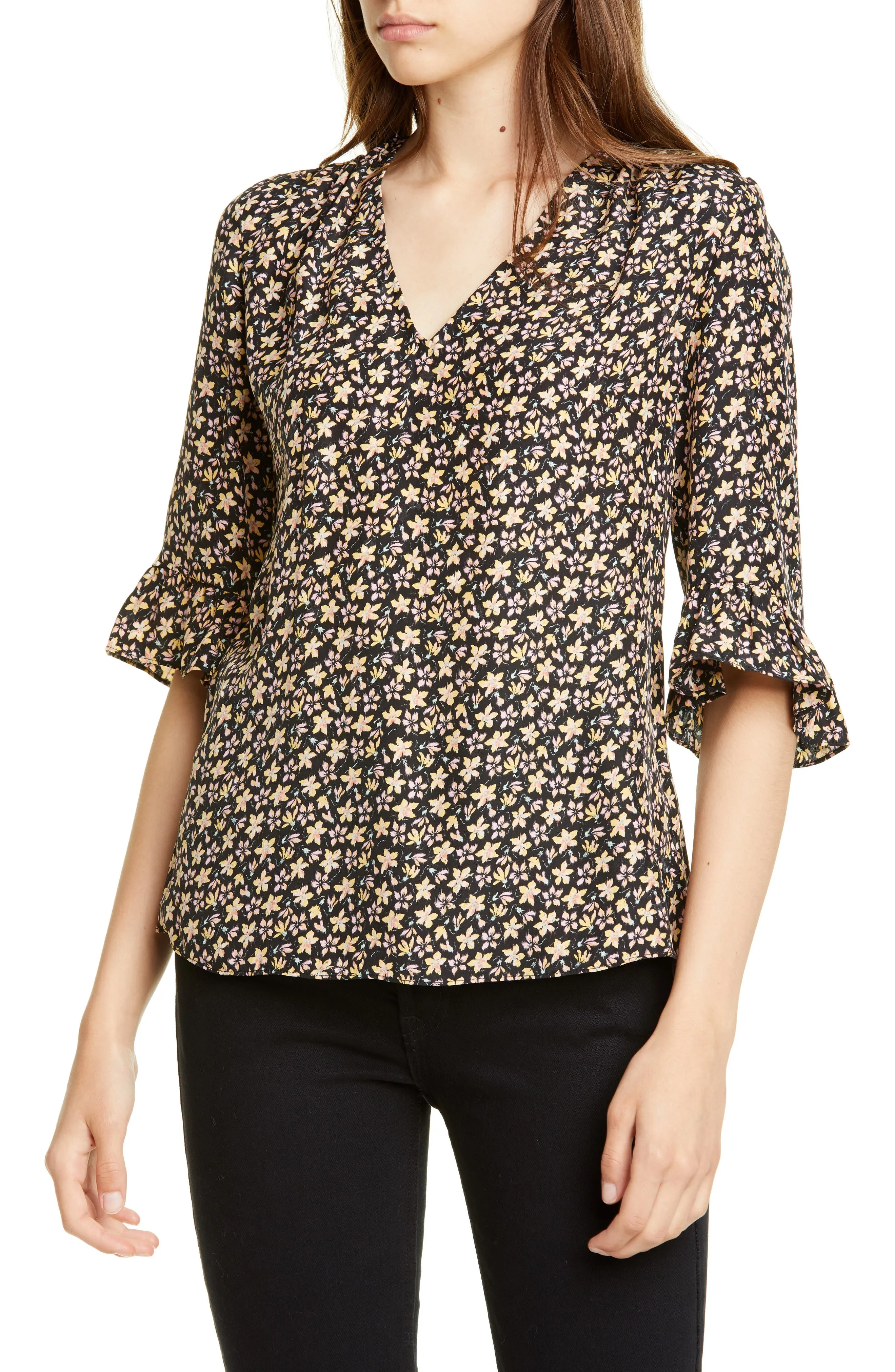 Rebecca Taylor Women's Louisa Floral Print Silk Top Yellow Size 0