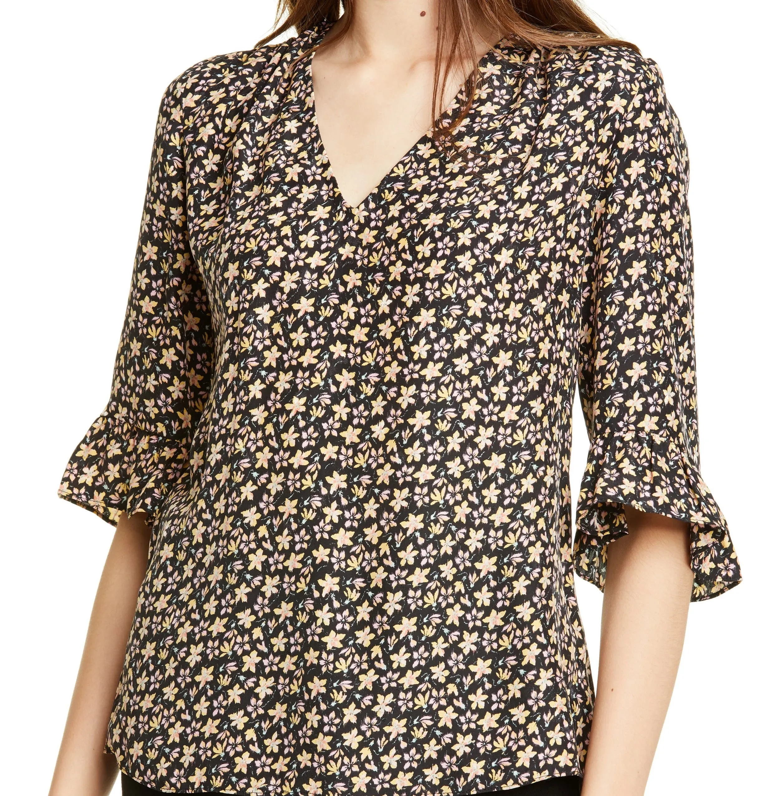 Rebecca Taylor Women's Louisa Floral Print Silk Top Yellow Size 0