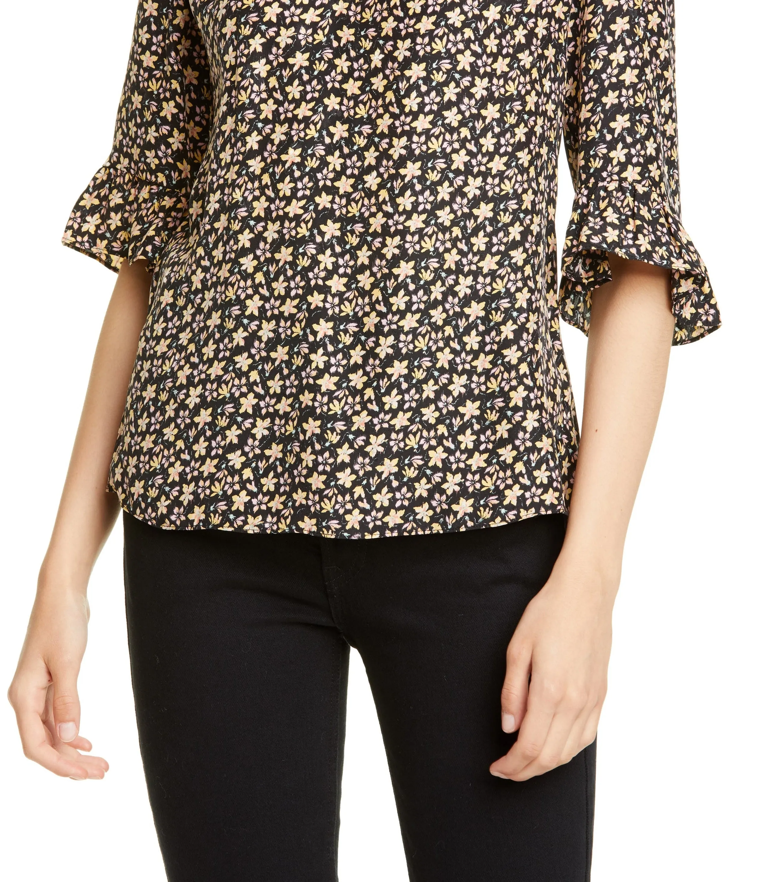 Rebecca Taylor Women's Louisa Floral Print Silk Top Yellow Size 0