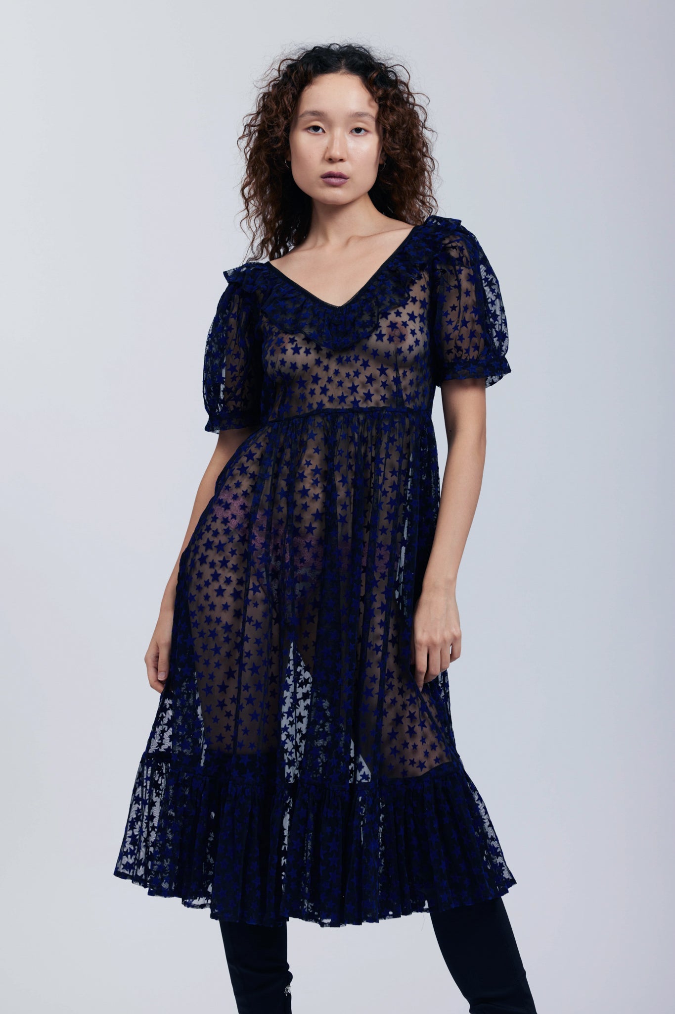 Ruffle May Dress in Midnight Blue Flocked Star