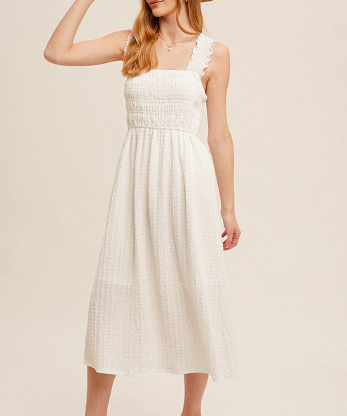 Ruffle Strap Smocked Midi Dress - Ecru