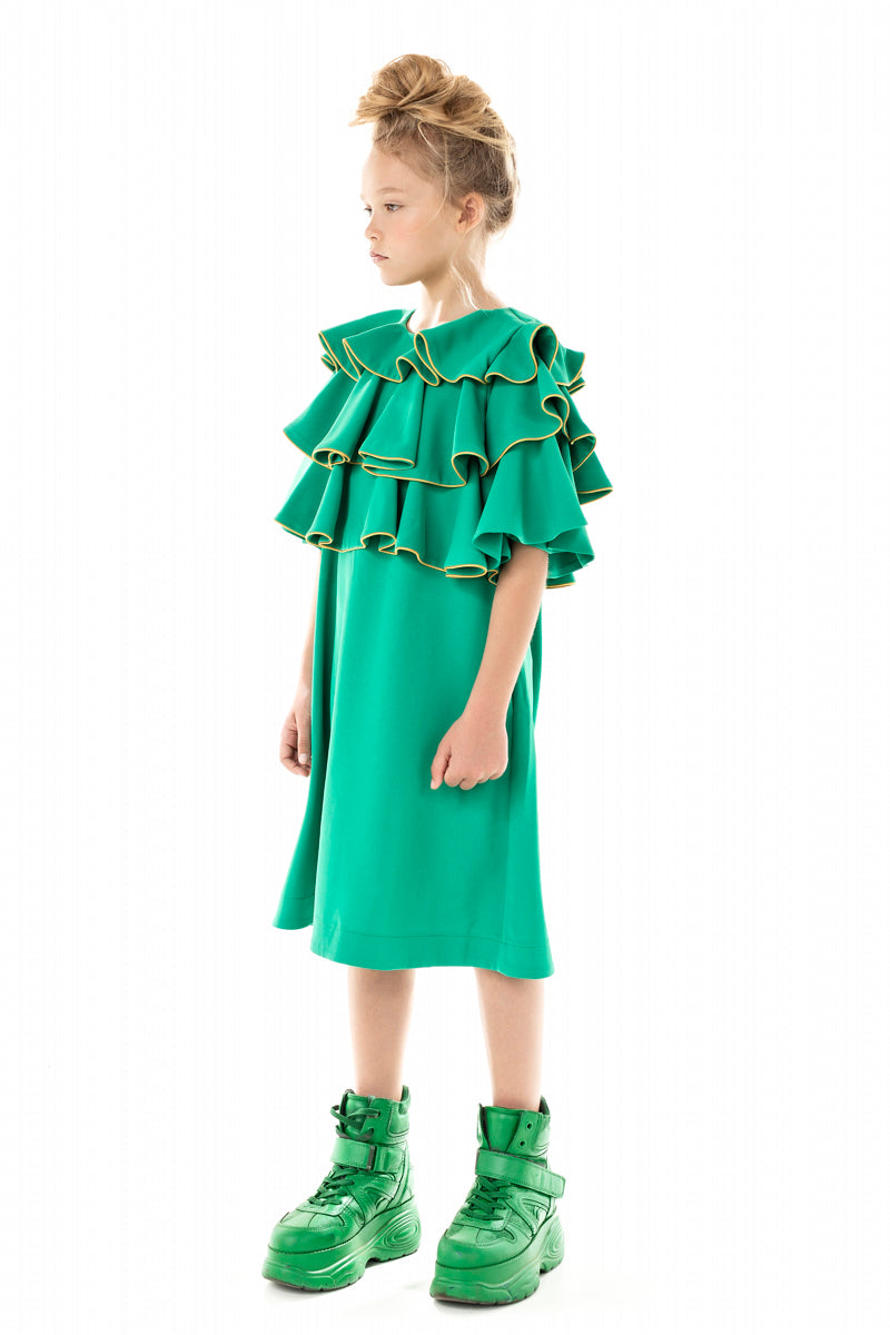 RUFFLE WITH PIPING YOKE GREEN DRESS