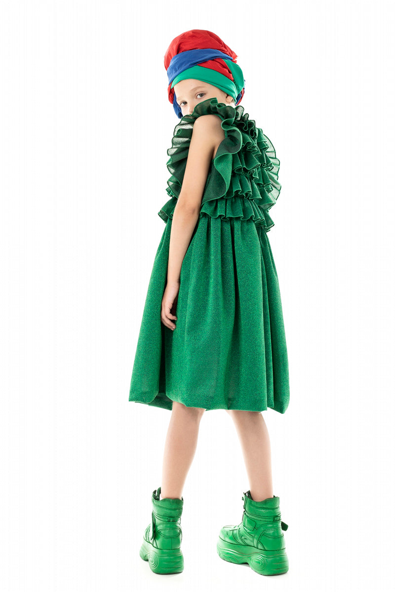 RUFFLE YOKE GREEN DRESS