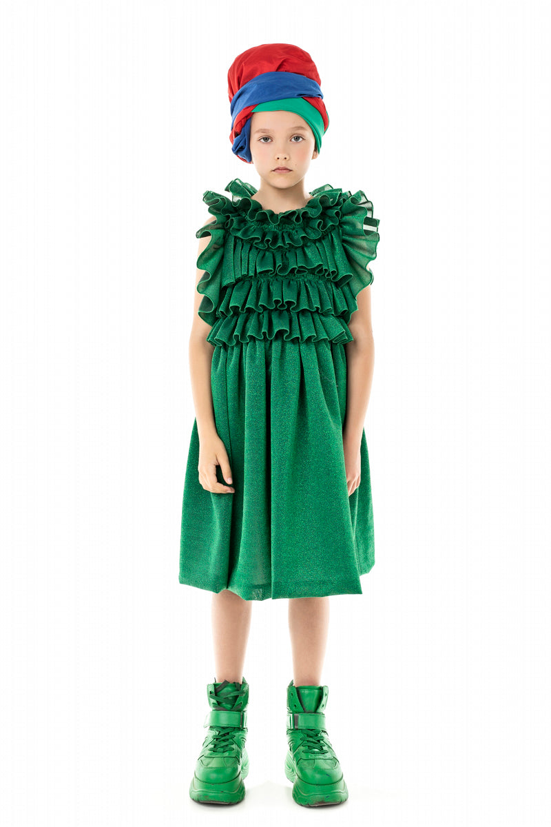 RUFFLE YOKE GREEN DRESS