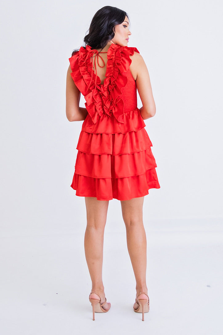 Satin Ruffle Smock Dress