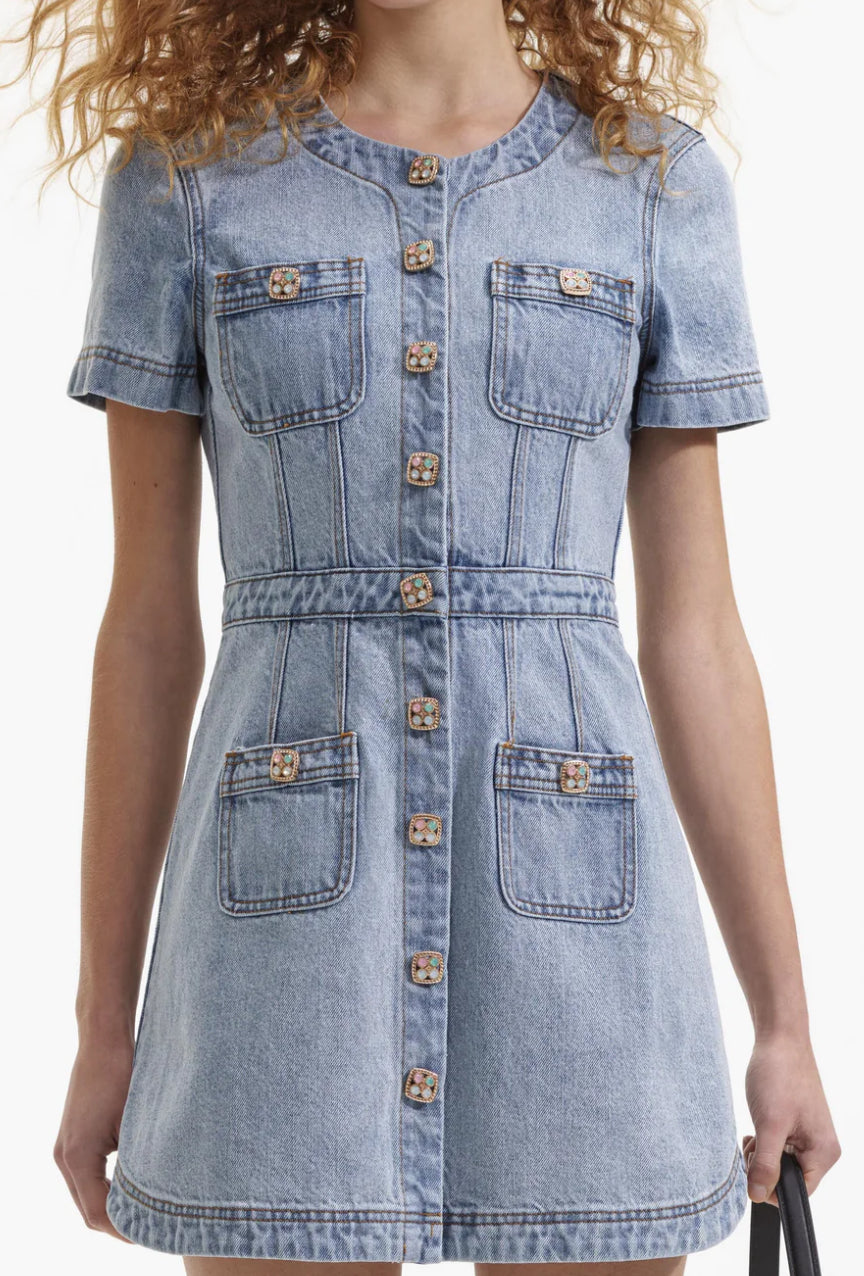 Self-portrait - Denim Buttoned Mini Dress - Light Blue