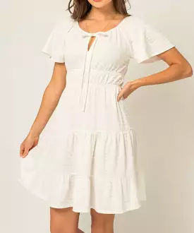 Short Sleeve Self Tie Dress - White