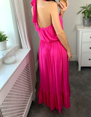 Signage Halter Neck Tiered Maxi Dress In Cerise Pink