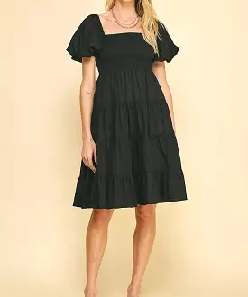 Smocked Bodice Midi Dress - Black