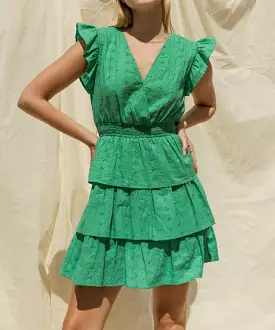 Smocked Waist Ruffle Sleeve Mini Dress - Green