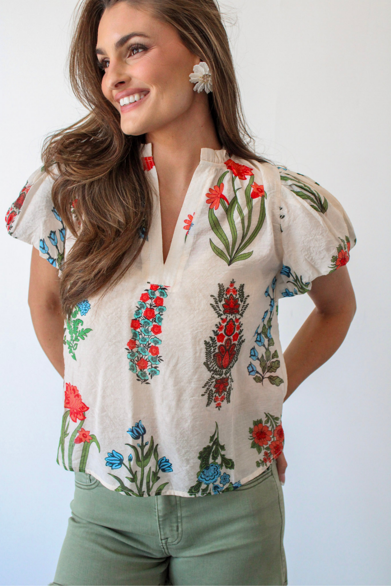 Spring Botanical Puff Sleeve Top