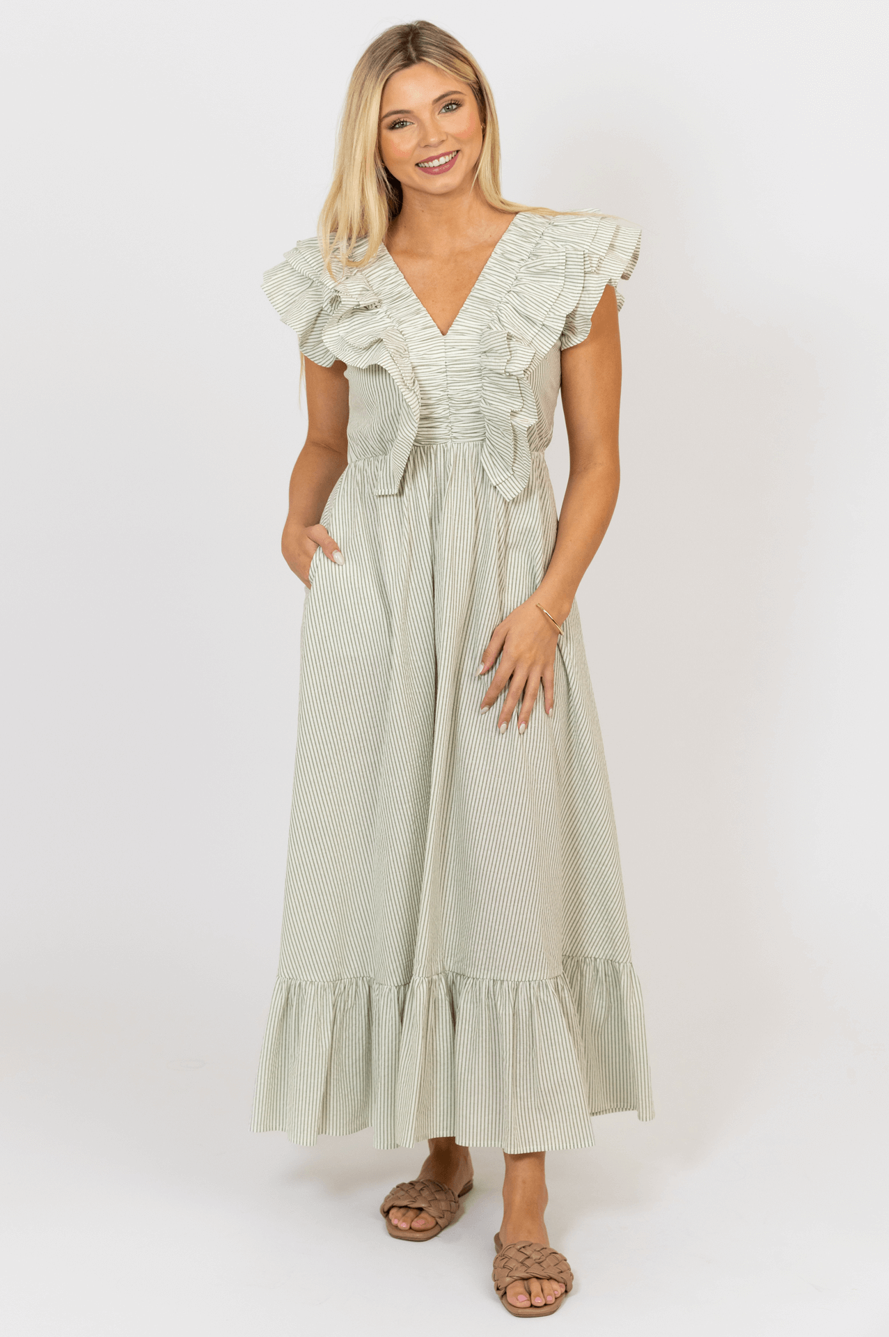 Stripe Seersucker Ruffle Smock Dress