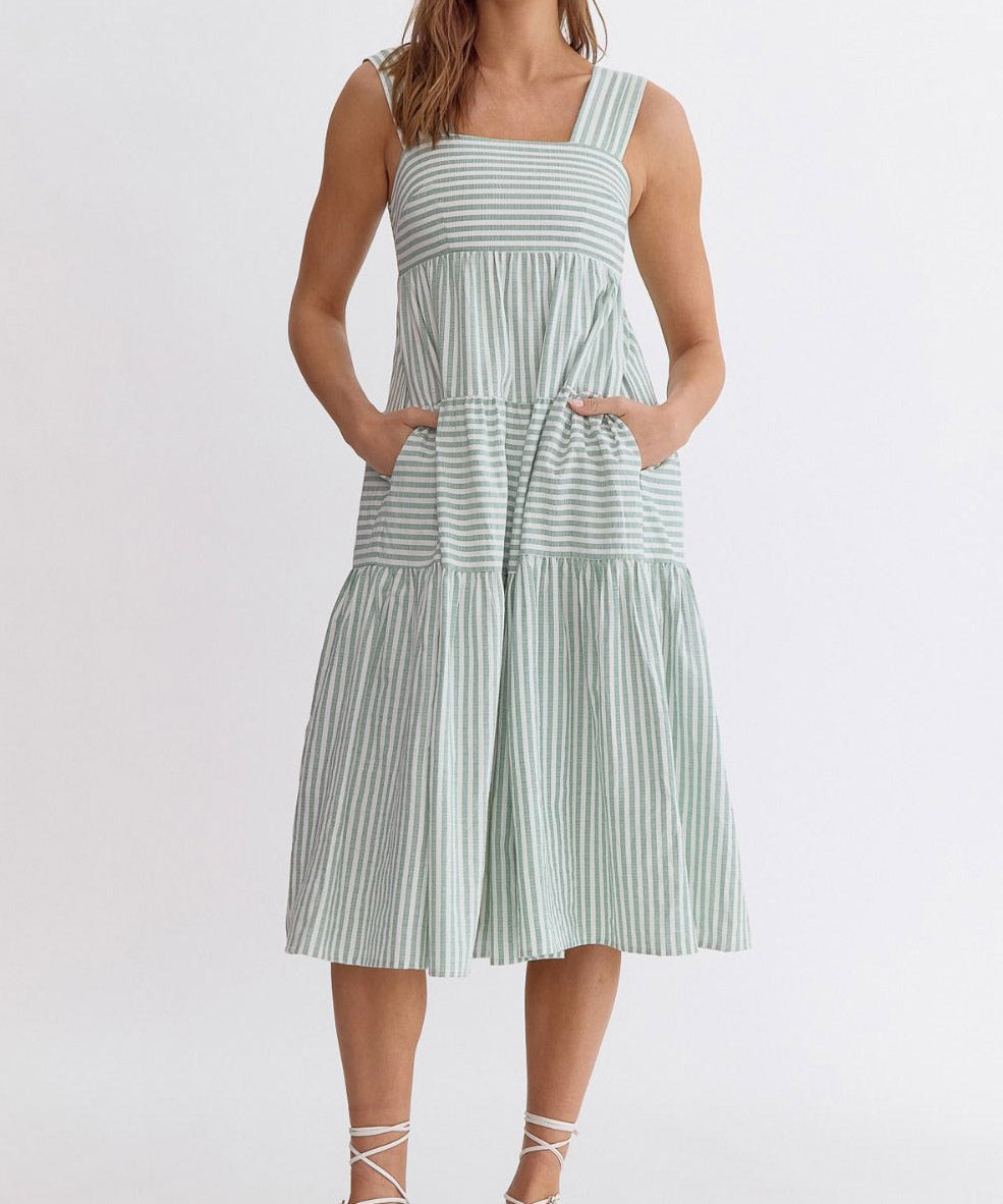 Stripe Square Neck Midi Dress - Green