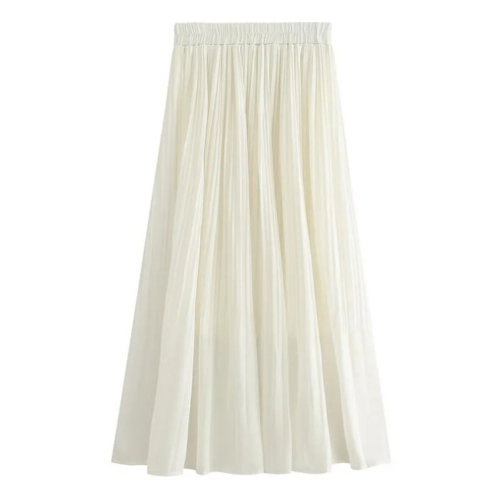 Summer Korean Casual Chiffon Midi Long Women White Pink Pleated A Line High Waist Mid-length Skirt