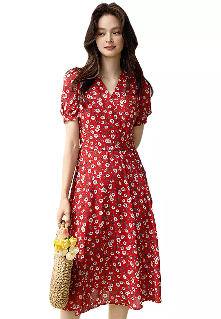 Sunnydaysweety Floral chiffon French puff sleeve tea dress dress CA101929