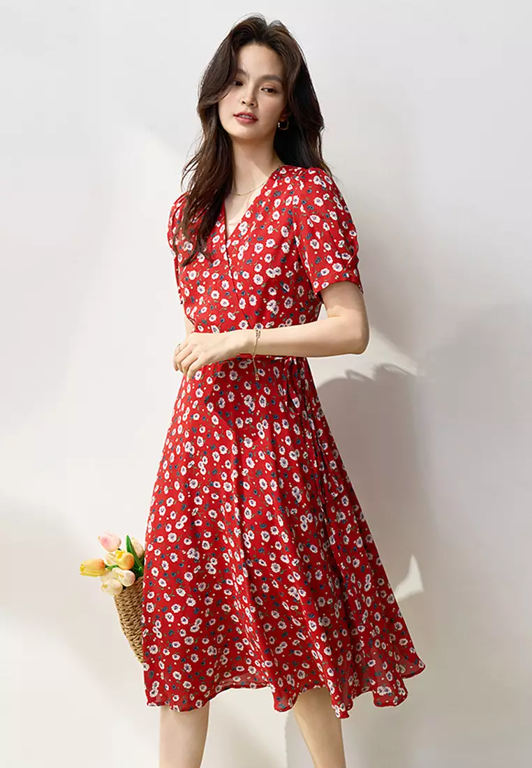 Sunnydaysweety Floral chiffon French puff sleeve tea dress dress CA101929