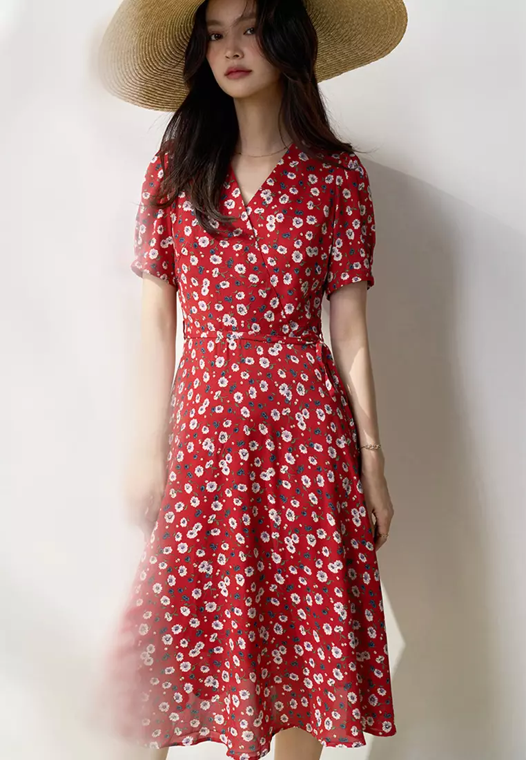 Sunnydaysweety Floral chiffon French puff sleeve tea dress dress CA101929