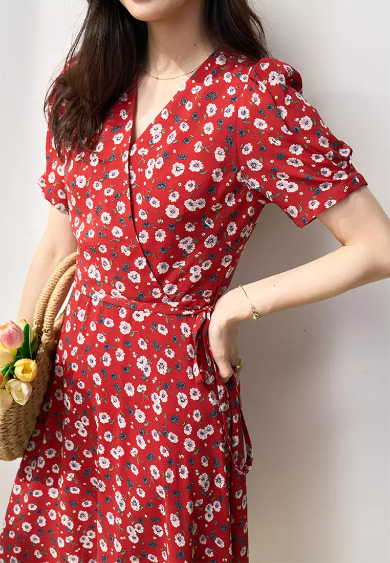 Sunnydaysweety Floral chiffon French puff sleeve tea dress dress CA101929