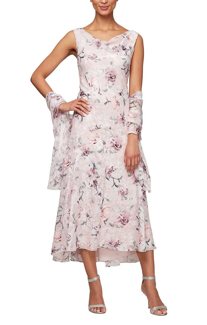 Tea-Length Cowl Neck Printed Chiffon Dress with High/Low Skirt and Shawl