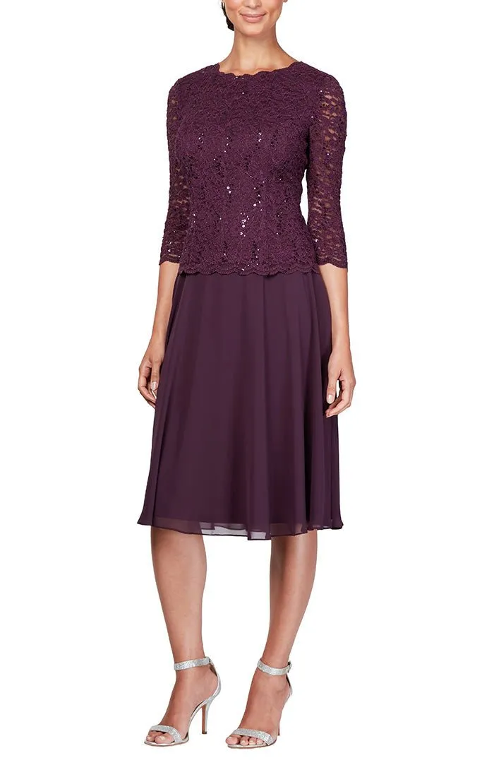 Tea-Length Dress with Sequin Lace Bodice & Chiffon Skirt