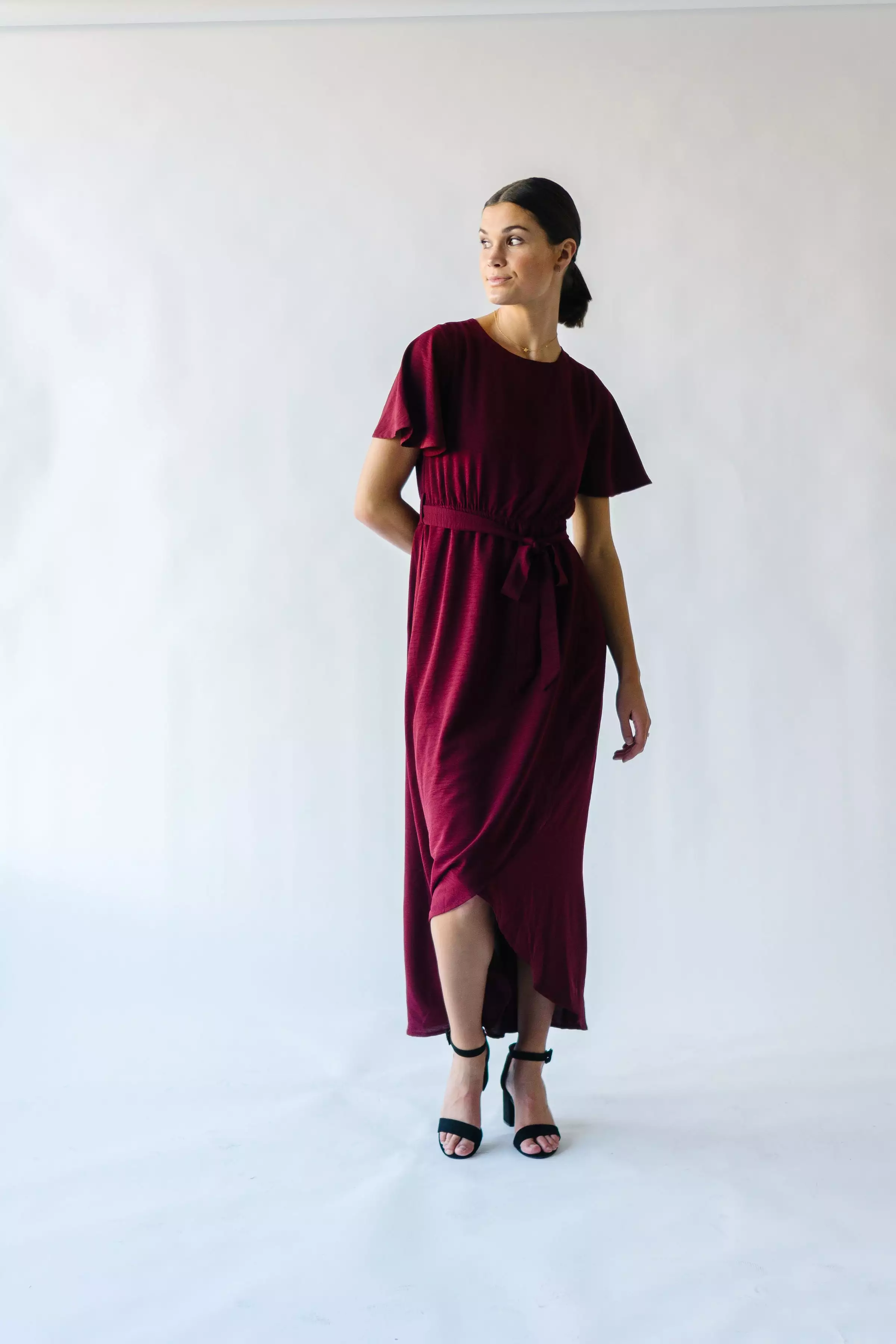 The Dell Woven Wrap Dress in Burgundy