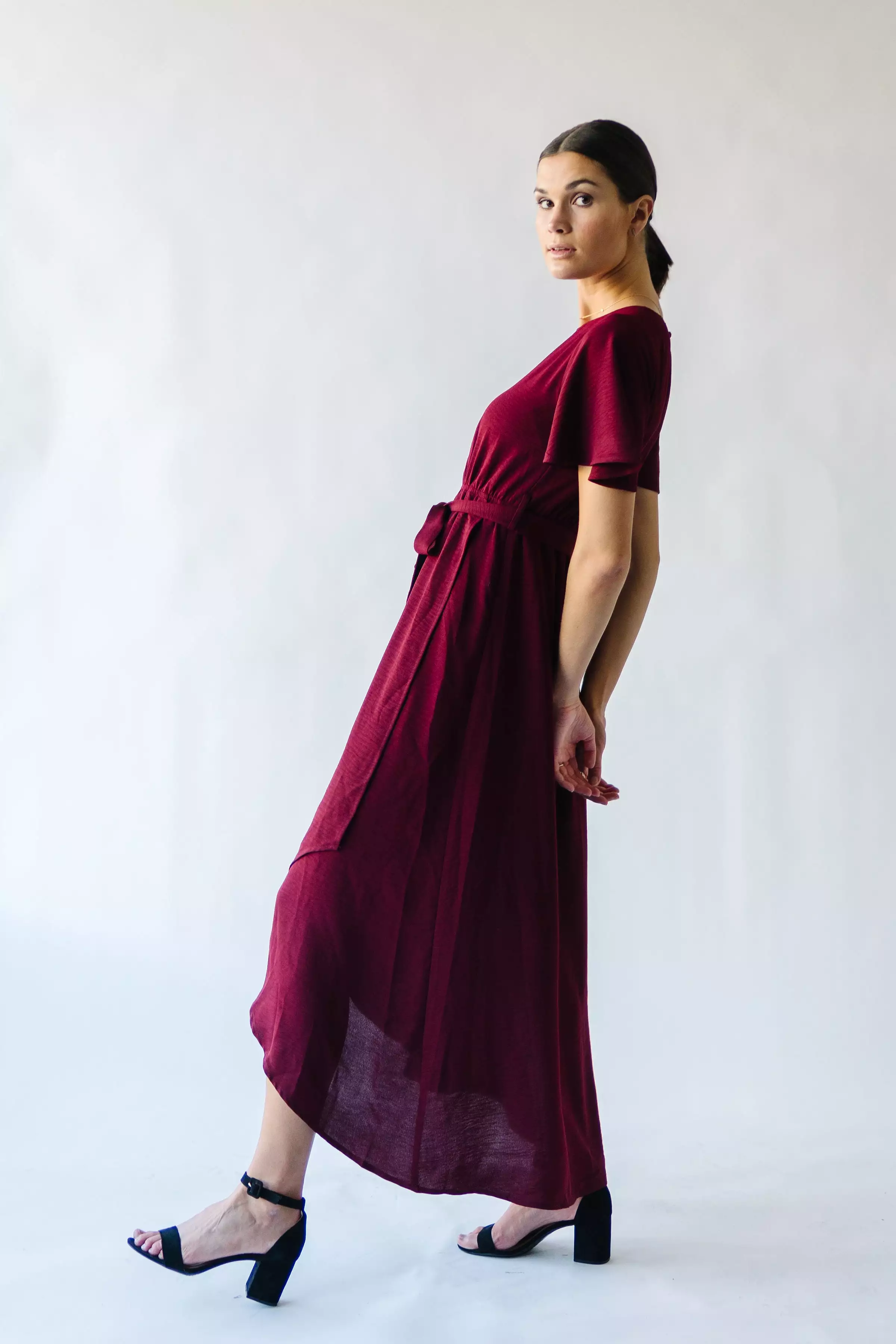 The Dell Woven Wrap Dress in Burgundy