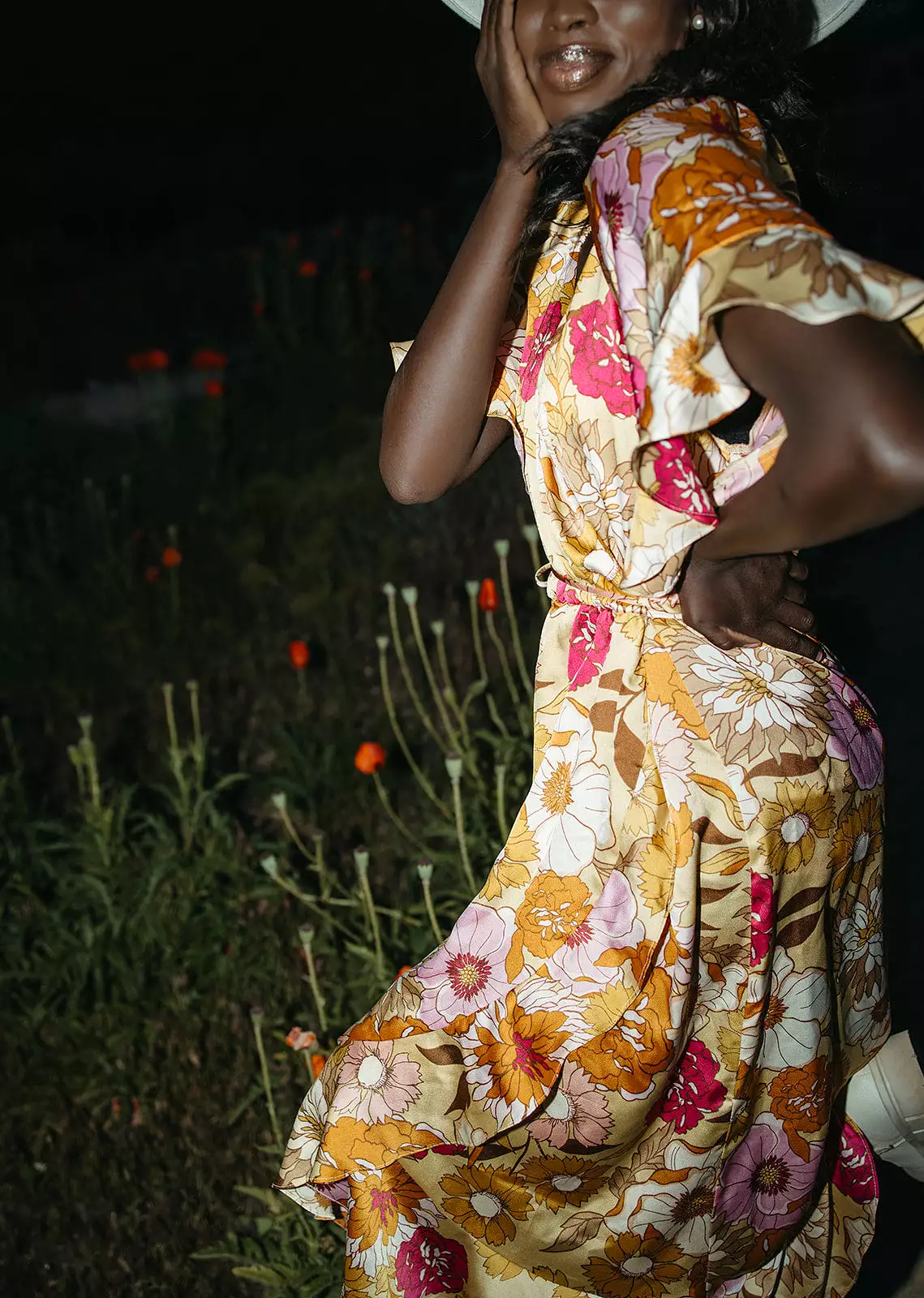 The Spector V-Neck Floral Wrap Dress in Orange + Fuchsia