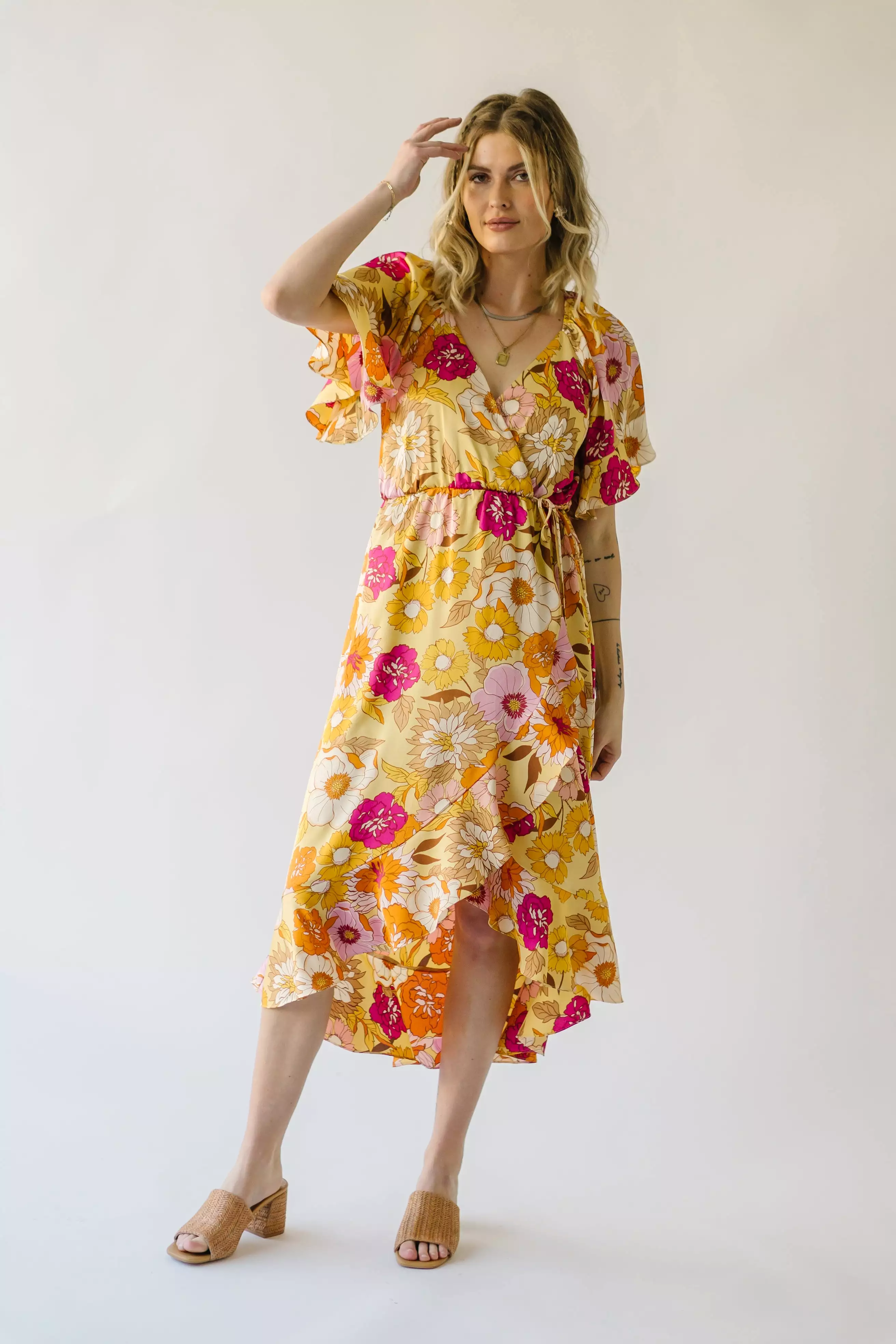 The Spector V-Neck Floral Wrap Dress in Orange + Fuchsia