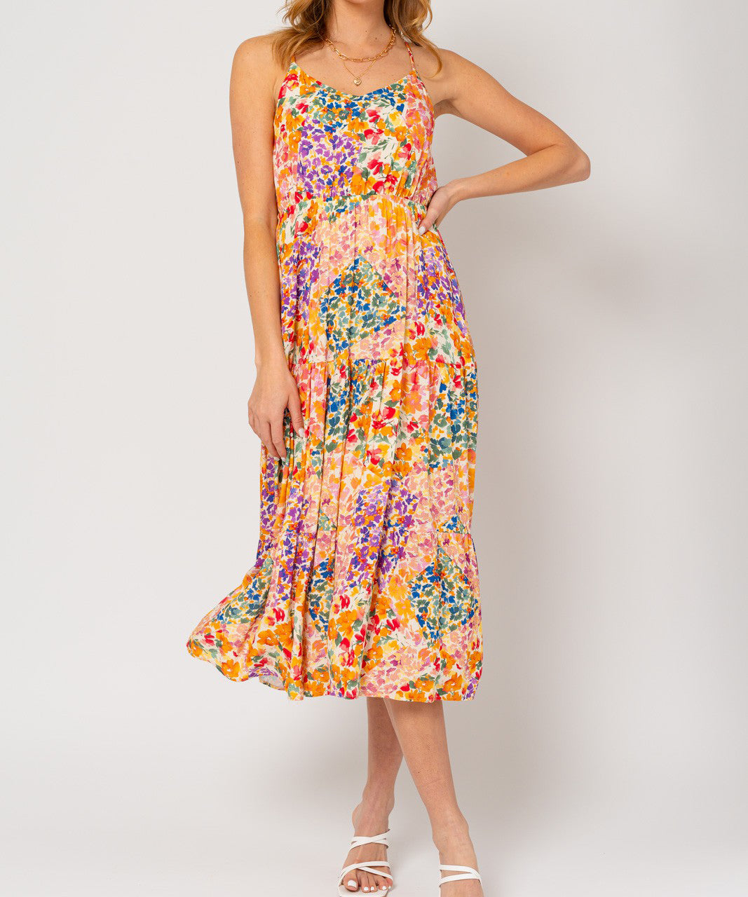 Tiered Floral Midi Dress - Ivory Multi